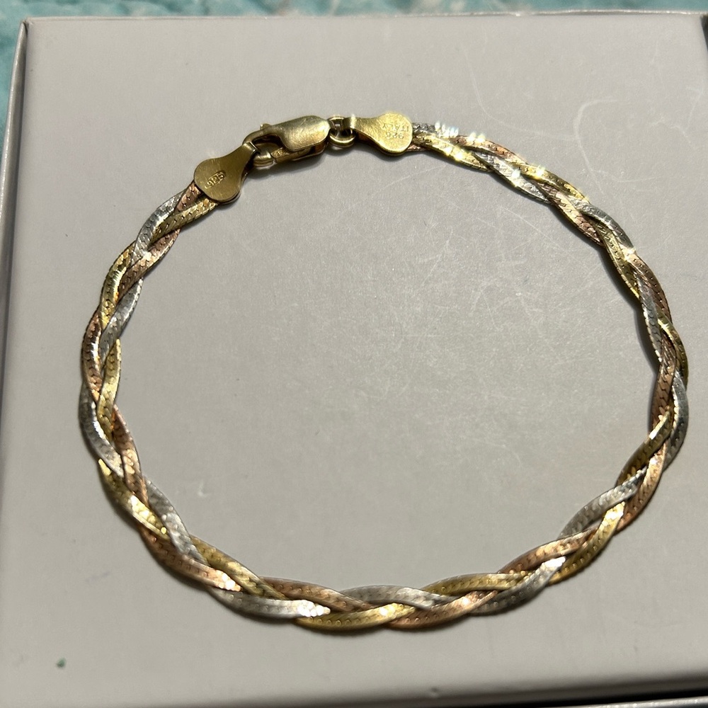 Vintage Tri Color Sterling Silver Braid Herringbone Bracelet.